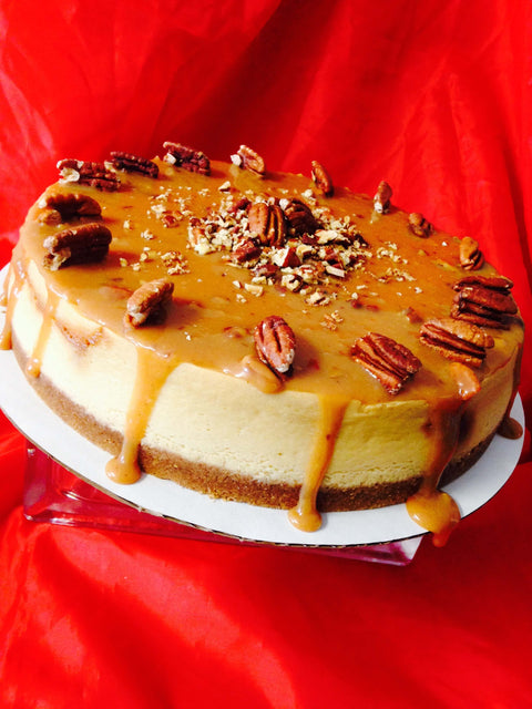 Caramel pecan Cheesecake on a table