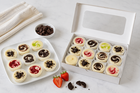 **Alt text:** Assorted cheesecake minis displayed on a white tray beside an open white gift box, showing flavors with strawberry, chocolate ganache, key lime, Oreo, and classic cheesecake toppings on a light marble surface.