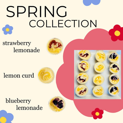 Spring Collection of cheesecake minis: strawberry lemonade, lemon and blueberry lemonade