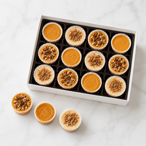 Assorted fall cheesecake minis in an open white gift box — seasonal Fall Cheesecake Minis Collection from The Cheesecake Boutique, Fayetteville GA. Featuring pumpkin spice, sweet potato pecan, and apple pie streusel flavors. Returns September 2026.