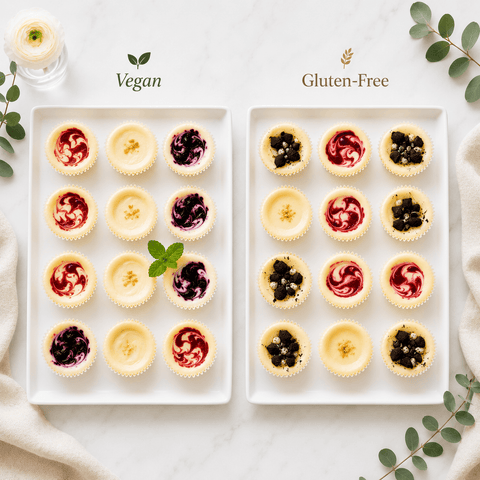 Vegan and Gluten-Free handcrafted cheesecake minis in assorted flavors, side by side on white trays — The Cheesecake Boutique, Fayetteville GA.