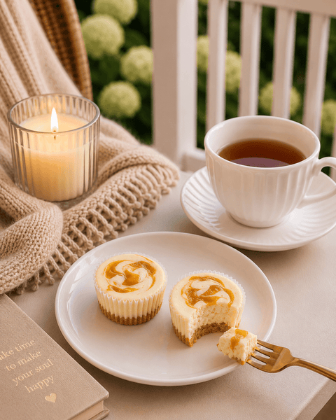 Tea cup with saucer, plate of peach cheesecake, and lit candle on a table outdoors.