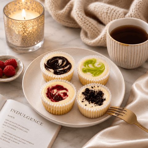 Four assorted cheesecake minis styled for a cozy indulgence moment with candlelight, tea, and a gold fork – The Cheesecake Boutique