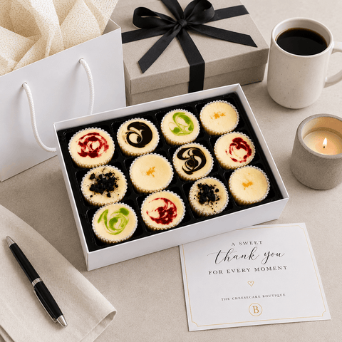 a gift Box of  12 mini cheesecakes with a 'thank you' card and coffee on a table