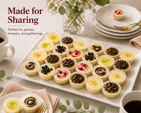 Assorted small cheesecakes on a white tray with a cup of coffee and plates in the background.
