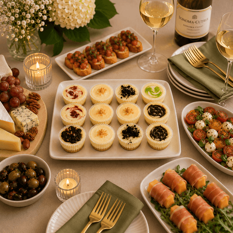 Assorted cheesecake minis from The Cheesecake Boutique displayed on an elegant entertaining spread with wine, appetizers, and candles – perfect for hosting