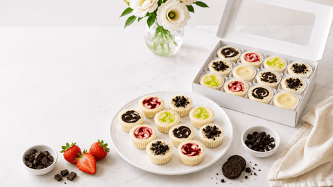Assorted cheesecake minis on a white tray beside an open cheesecake gift box with strawberries, chocolate, and cookies on a bright marble surface.