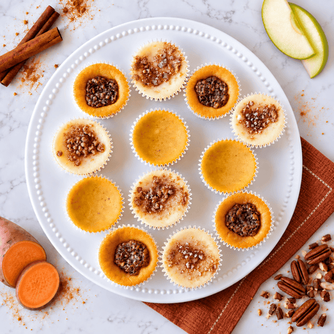 A top-down view of nine mini cheesecake cups arranged on a white plate, garnished with crumbly topping, surrounded by cinnamon sticks, sliced apple, pecans, and a sweet potato on a marble surface.