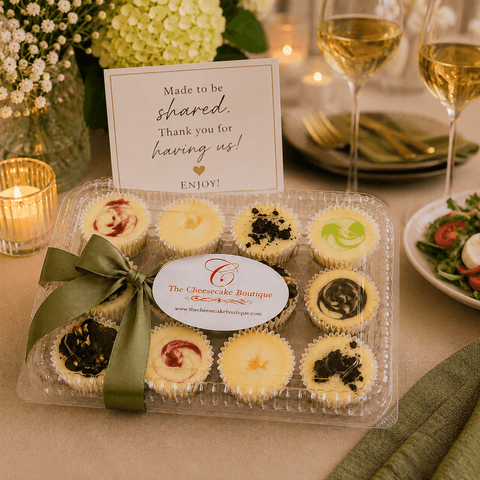 Build Your Own cheesecake minis gift box with green ribbon bow styled as a hostess gift at an elegant dinner table with wine, candles, and flowers – The Cheesecake Boutique