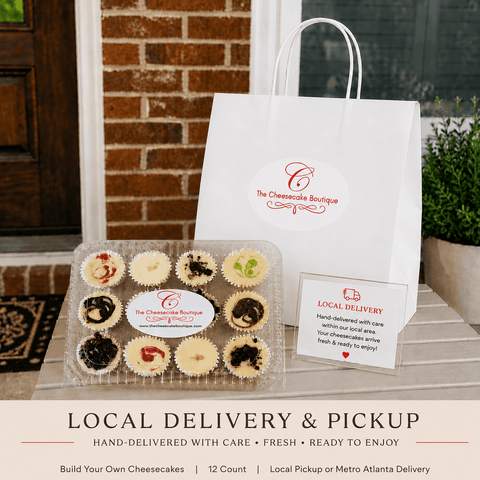 Build Your Own 12-count cheesecake minis in branded packaging on a front porch, ready for local pickup or Metro Atlanta delivery from The Cheesecake Boutique