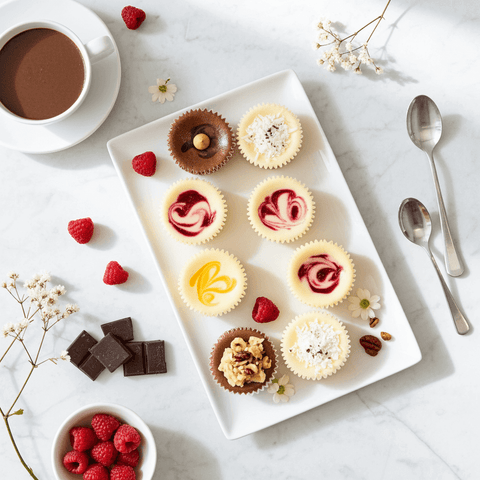 Assorted mini chocolate cheesecakes on a white plate with a cup of coffee and berries on a marble surface.