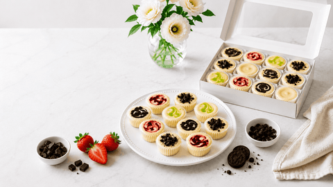 Assorted mini cheesecakes on a plate and in a open gift box with flowers and strawberries on a white surface