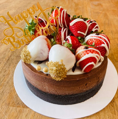 Happy Birthday Chocolate Mousse Cheesecake with Fresh Strawberries