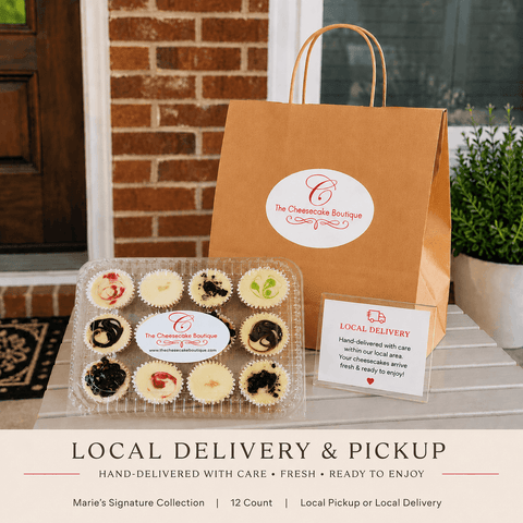 Marie's Signature Collection 12-count cheesecake minis in branded packaging, ready for local pickup or delivery from The Cheesecake Boutique in Fayetteville, GA