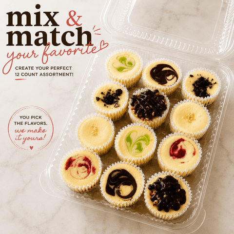 Mix and match your favorite cheesecake minis – Build Your Own 12-count custom assortment in a clear clamshell tray – The Cheesecake Boutique