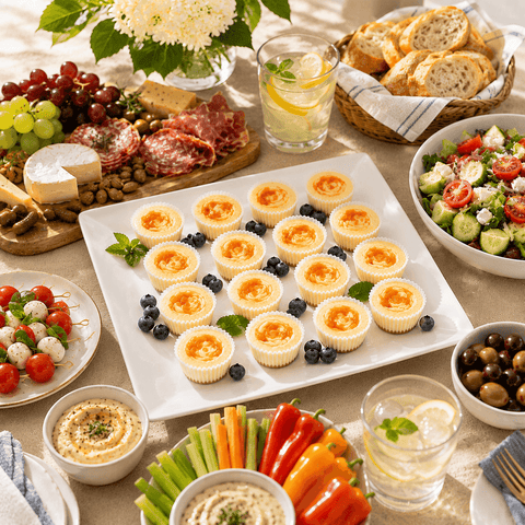 A beautifully styled catering spread featuring mini peach cheesecakes on a large white platter, surrounded by charcuterie boards, a fresh salad, hummus, vegetable sticks, grapes, bread, and lemonade.