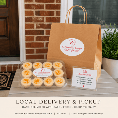 Cheesecake minis in a clear container with a brown delivery bag from 'The Cheesecake Boutique' on a doorstep.