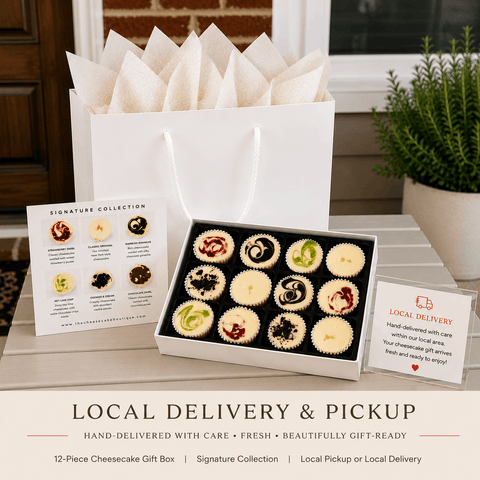 12-piece Signature Collection cheesecake gift set in two open white boxes with flavor card and white gift tote, styled for local delivery and pickup in Metro Atlanta.