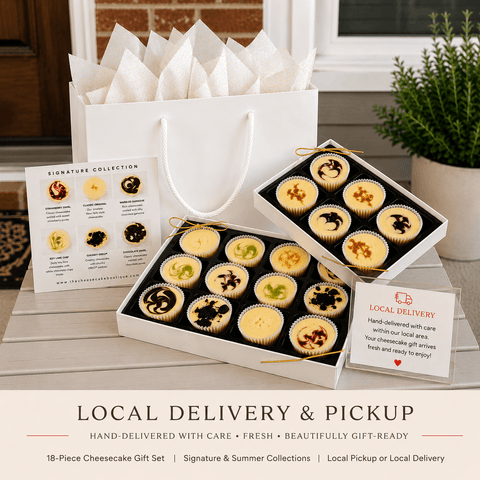 18-piece Signature and Summer Collection cheesecake gift set in two open white boxes with flavor card and white gift tote, styled for local delivery and pickup in Metro Atlanta.